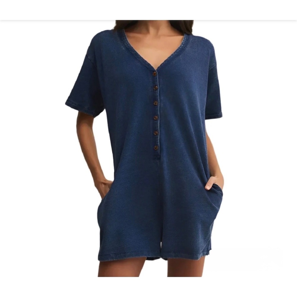Z Supply Enid Romper Indigo Knit Denim Button Front V Neck Pockets S Minimalist